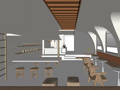 Minimalist Cafe Interior With Wooden Ceiling Tables Chairs Open Layout And Shelves 3d model
