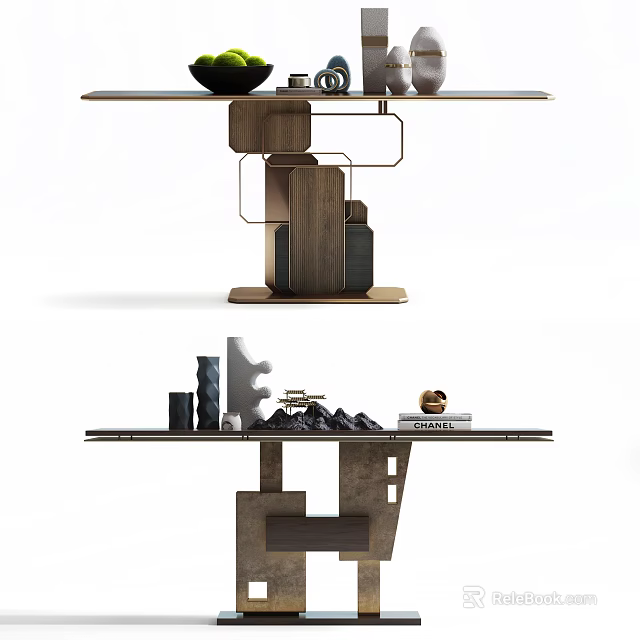 Modern Console Table Design With Decorative Items And Wooden Metal Structure 3d model