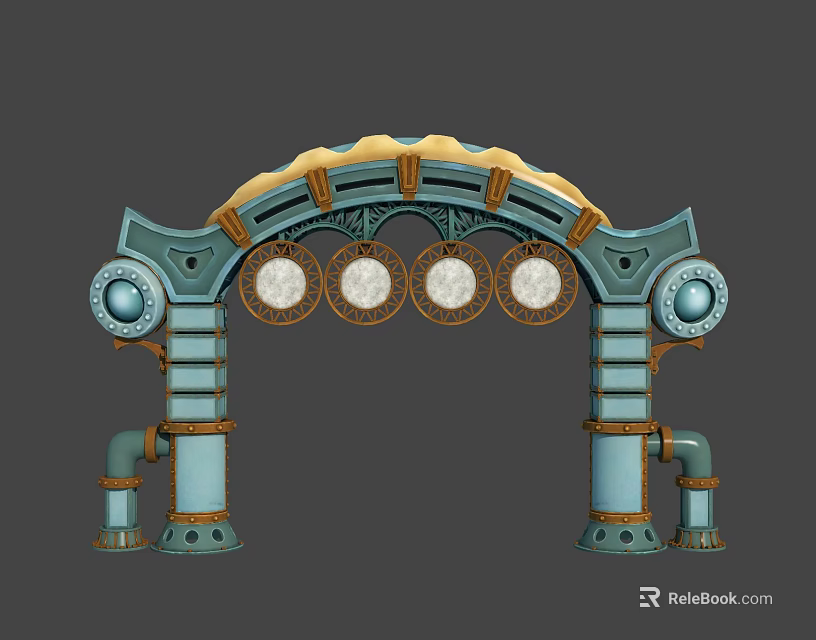 Steampunk Archway Structure With Blue Gold Pipes And Circular Decorative Plates 3d model 
