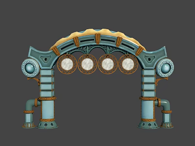 Steampunk Archway Structure With Blue Gold Pipes And Circular Decorative Plates 3d model
