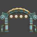 Steampunk Archway Structure With Blue Gold Pipes And Circular Decorative Plates