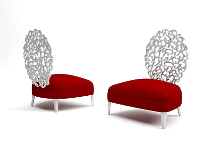 Stylish Red Accent Chair With Intricate Cutout Backrest And Silver Metal Legs 3d model