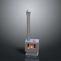 Metal Stove With Tall Chimney Transparent Door Burning Flames And Orange Jar On Small Platform