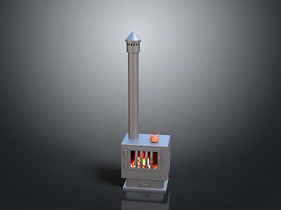 Metal Stove With Tall Chimney Transparent Door Burning Flames And Orange Jar On Small Platform 3d model