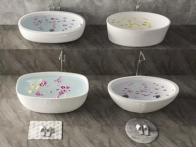Freestanding Bathtubs With Colorful Flower Petals On Gray Wall Background And Bath Mat With Slippers 3d model
