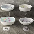 Freestanding Bathtubs With Colorful Flower Petals On Gray Wall Background And Bath Mat With Slippers