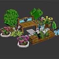 Pixel Style Natural Scene With Green Heart Trees Colorful Flowers Wooden Path And Flower Pots