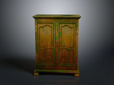 Vintage Wooden Cabinet With Double Doors Intricate Carvings And Green Gold Finish 3d model