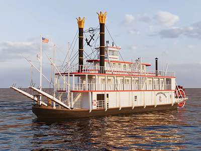Classic Paddle Steamboat With Twin Funnels On Water 3d model