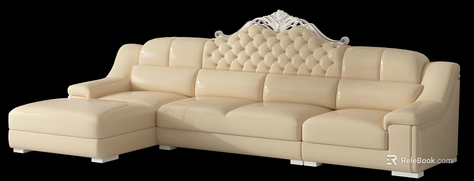 Beige Leather Sectional Sofa With Ornate Carved Backrest And Tufted Design 3d model