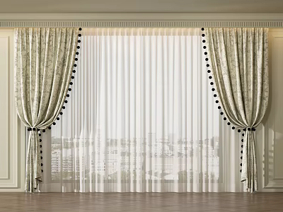 Elegant Beige Patterned Curtains with Black Tassels and Sheer Inner Layer for Window City View 3d model