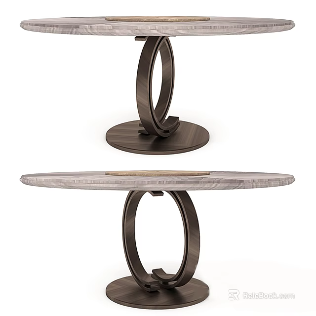 Modern Circular Dining Table With Wooden Top And Ring Shaped Metal Base 3d model