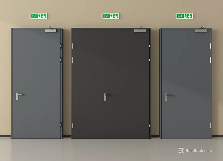 Modern Emergency Exit Doors with Gray Black Panels and Silver Handles on Beige Wall 3d model 