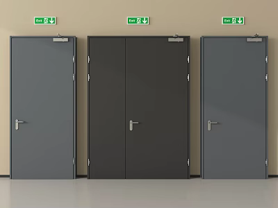 Modern Emergency Exit Doors with Gray Black Panels and Silver Handles on Beige Wall 3d model
