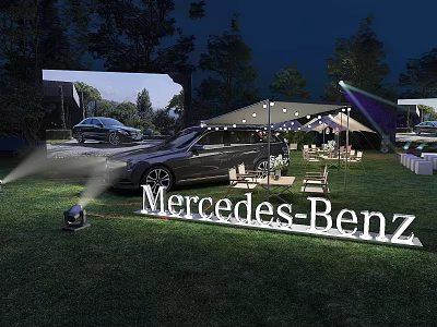 Night Garden Landscape with Grass Lawn Tent Display Cars Lighting and Mercedes Benz Signage 3d model