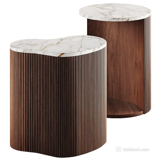 Stylish Tea Table And Chairs With Smooth Marble Top And Ribbed Wooden Frame 3d model 
