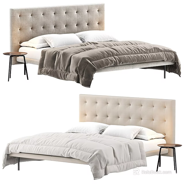 Modern Double Bed With Tufted Headboard Soft Bedding And Side Table 3d model