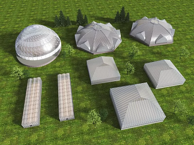Modern Architectural Roof Structures of Various Shapes on Green Grassland With Trees 3d model