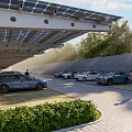 Modern Road Parking Facility with Covered Canopy Parked Cars and Landscaped Trees