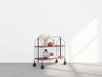 Minimalist Two Tier Wheel Cart With Wooden Shelves Vase Books And Lantern 3d model