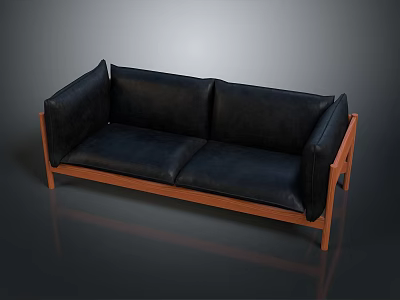 Black Leather Two Seater Sofa With Wooden Frame On Reflective Gray Floor 3d model