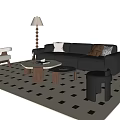 Black Leather Sofa Coffee Table Set With Throw Pillows On Black White Checkered Rug 3d model