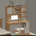 Wooden Desk with Computer Monitor Table Lamp White Chair Bookshelf and Potted Plant in Bedroom