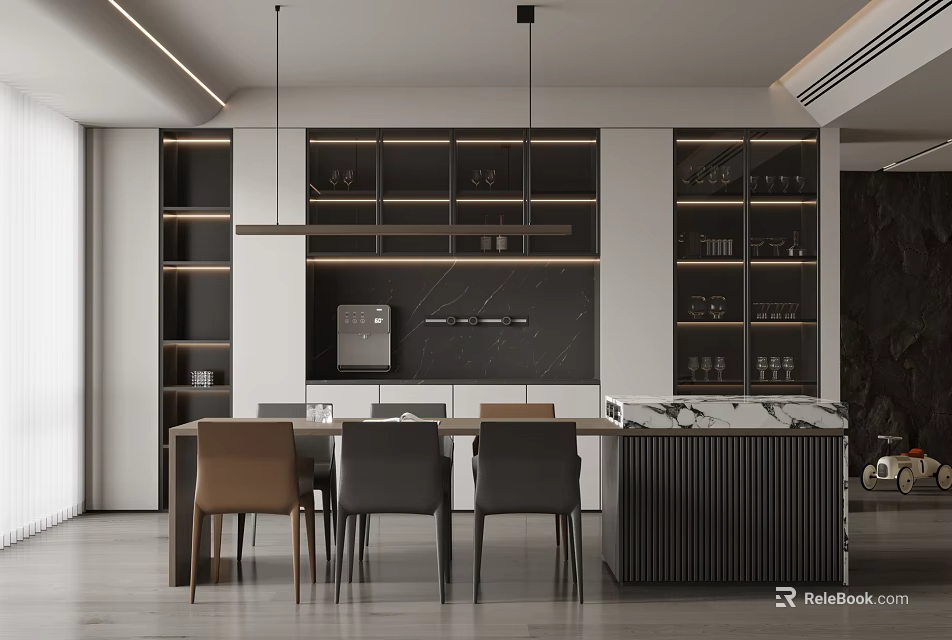 Modern Restaurant Interior With Dining Table Chairs Wine Display Cabinets And Pendant Lights 3d model 