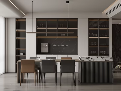 Modern Restaurant Interior With Dining Table Chairs Wine Display Cabinets And Pendant Lights 3d model