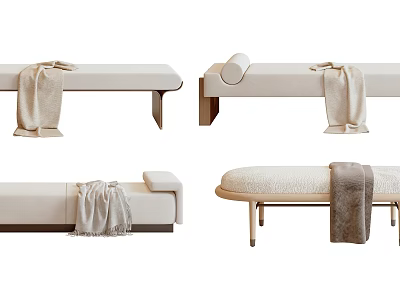 Various Upholstered Ottoman Designs With Shearling Blankets And Metal Wooden Legs In Neutral Tones 3d model