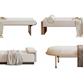 Various Upholstered Ottoman Designs With Shearling Blankets And Metal Wooden Legs In Neutral Tones