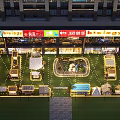 Vibrant Nighttime Commercial Street With String Lights Tents Green Grass Potted Plants And Wooden Barrels