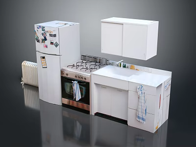 White Refrigerator With Stickers In Small Kitchen Setup With Stove Sink And Cabinets 3d model