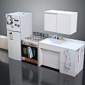 White Refrigerator With Stickers In Small Kitchen Setup With Stove Sink And Cabinets