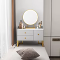 Modern Grey Dressing Table with Gold Frame Round Mirror and Cosmetics on Top 3d model