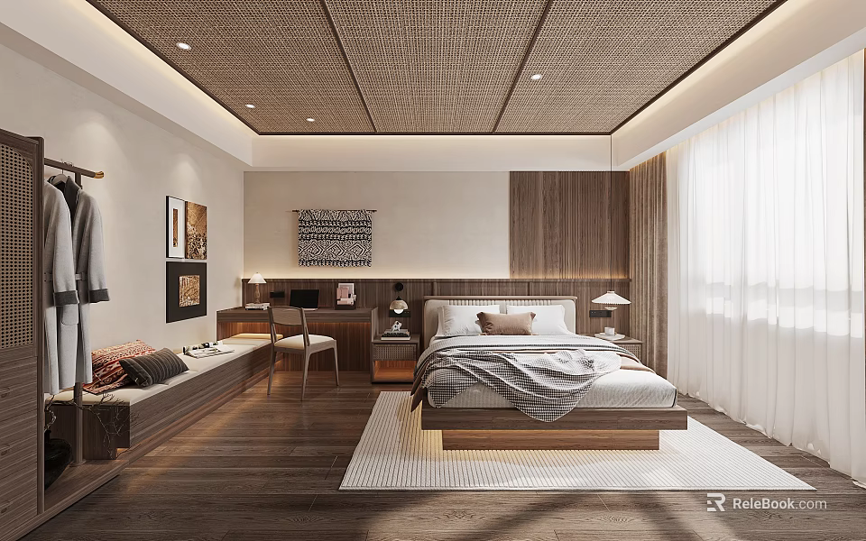Serene Hotel Guest Room Interior With Wooden Woven Ceiling Minimalist Bed And Natural Light 3d model 