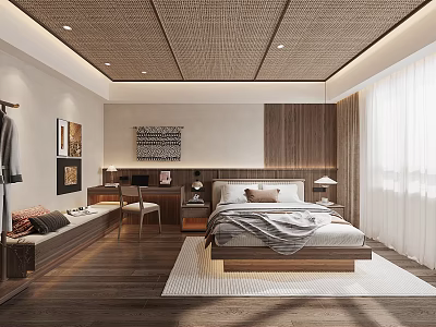 Serene Hotel Guest Room Interior With Wooden Woven Ceiling Minimalist Bed And Natural Light 3d model