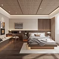 Serene Hotel Guest Room Interior With Wooden Woven Ceiling Minimalist Bed And Natural Light