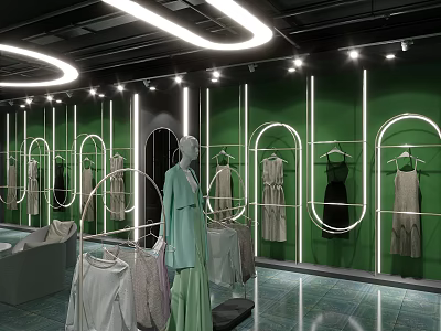 Modern Clothing Store Interior With Green Walls Neon Lights Mannequin And Fashion Apparel Racks 3d model