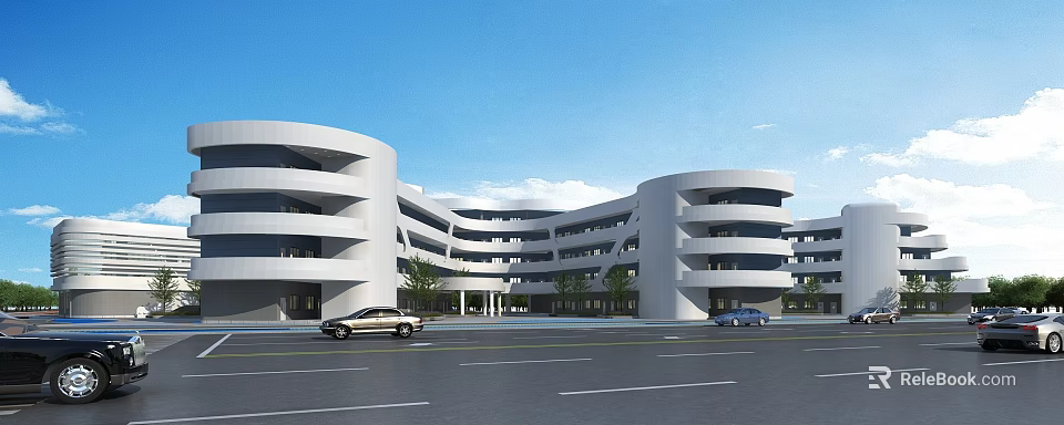 Modern School Building White Exterior Curved Design Multi Story With Trees And Road Front 3d model 