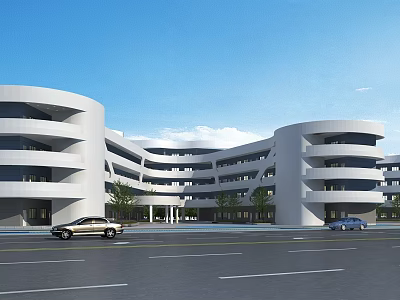 Modern School Building White Exterior Curved Design Multi Story With Trees And Road Front 3d model