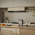 Modern Open Kitchen With Wooden Ceiling White Cabinets Island Counter Fruits Plants And Chairs