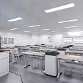 Modern Laboratory Interior With Lab Tables Stools Cabinets And Bright Ceiling Lighting 3d model