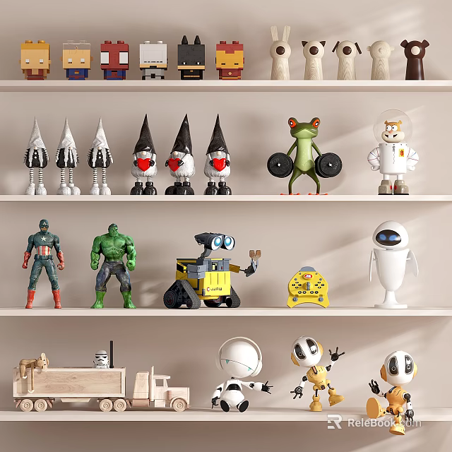 Shelves Display Various Toys Including Superheroes And Robots 3d model 