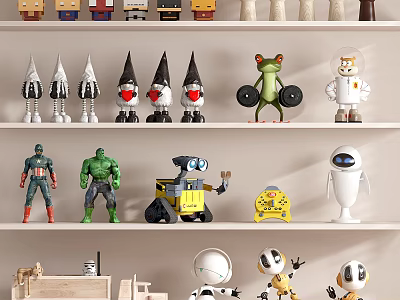 Shelves Display Various Toys Including Superheroes And Robots 3d model