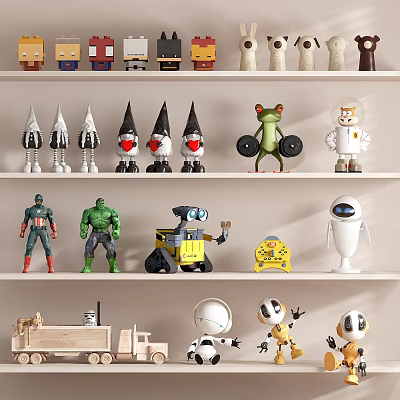 Shelves Display Various Toys Including Superheroes And Robots 3d model