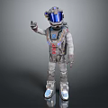 3D Render Of Astronaut In Gray Spacesuit With Blue Visor Helmet Waving Hand