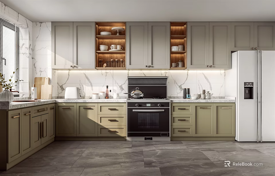 Modern Kitchen Interior With Gray Cabinets Marble Countertops Black Stove And White Refrigerator 3d model 