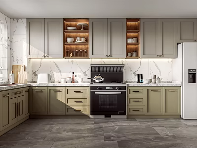 Modern Kitchen Interior With Gray Cabinets Marble Countertops Black Stove And White Refrigerator 3d model