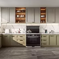 Modern Kitchen Interior With Gray Cabinets Marble Countertops Black Stove And White Refrigerator